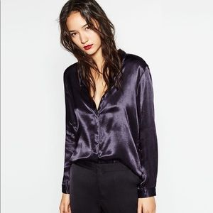 Zara Sateen Navy Silky Button Up Blouse Collared